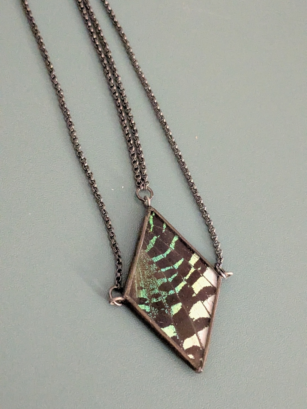 Handmade Black and Green Butterfly Wing Diamond Pendant Collar Necklace